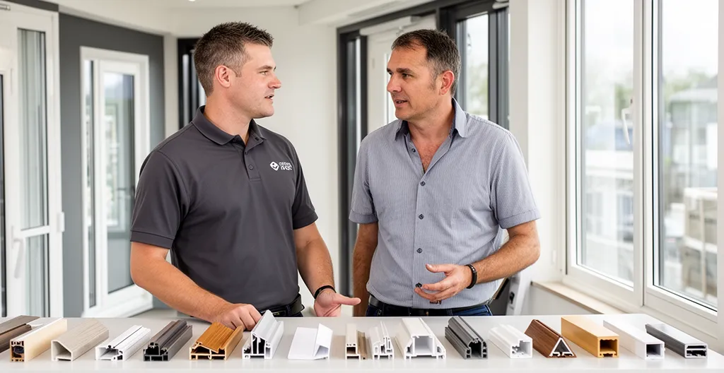 Conseiller présentant des échantillons de profils de fenêtres dans un showroom