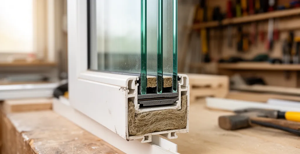 Coupe transversale de fenêtre triple vitrage montrant les trois couches de verre