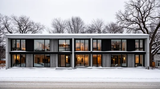 Façade maison résidentielle québécoise avec grandes fenêtres modernes en hiver
