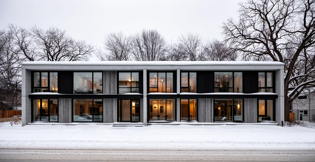 Façade maison résidentielle québécoise avec grandes fenêtres modernes en hiver