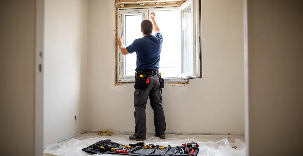 Installateur ajustant une fenêtre neuve vue depuis l'intérieur