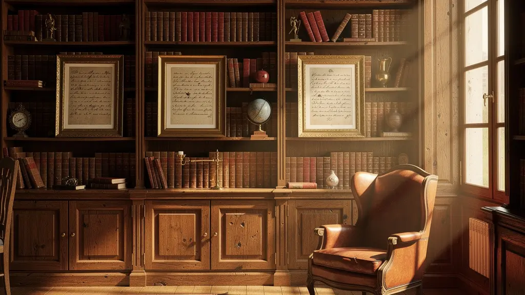 Bibliothèque personnelle avec livres anciens et fac-similés de manuscrits encadrés au mur