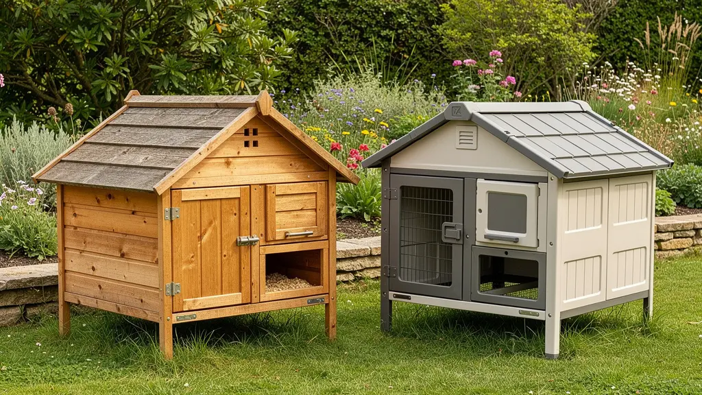 Deux poulaillers côte à côte montrant différence bois et plastique recyclé