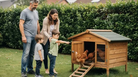 Famille française observant poules sortant du poulailler bois dans jardin résidentiel