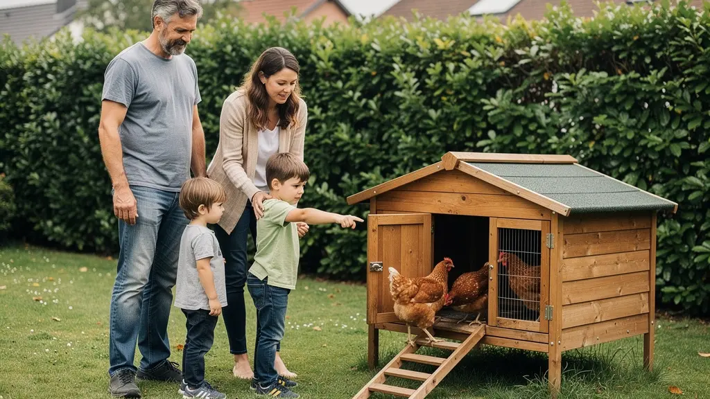 Famille française observant poules sortant du poulailler bois dans jardin résidentiel