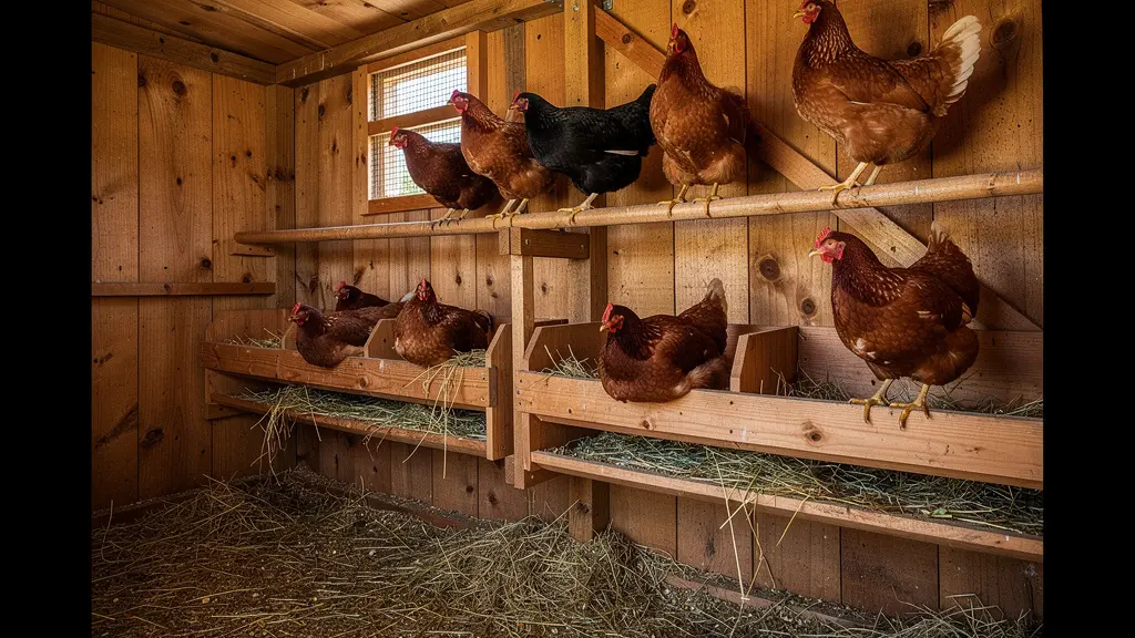 Vue intérieure poulailler avec poules sur perchoir et pondoirs accessibles