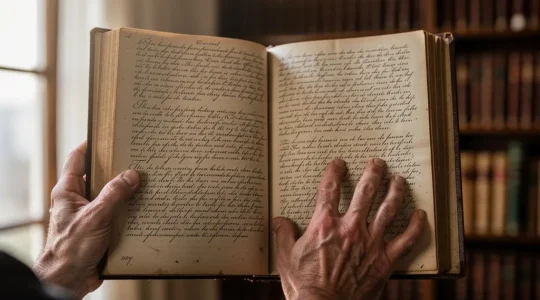 Mains feuilletant délicatement un fac-similé de manuscrit littéraire dans une bibliothèque