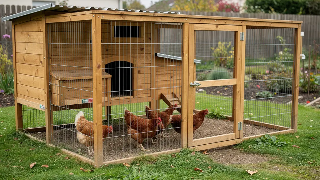 Poulailler bois avec enclos grillagé dans jardin familial français