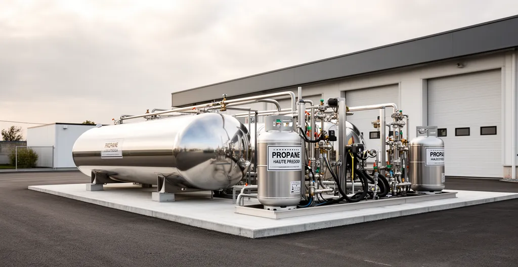 Citerne propane moderne installée près d'un bâtiment professionnel tertiaire