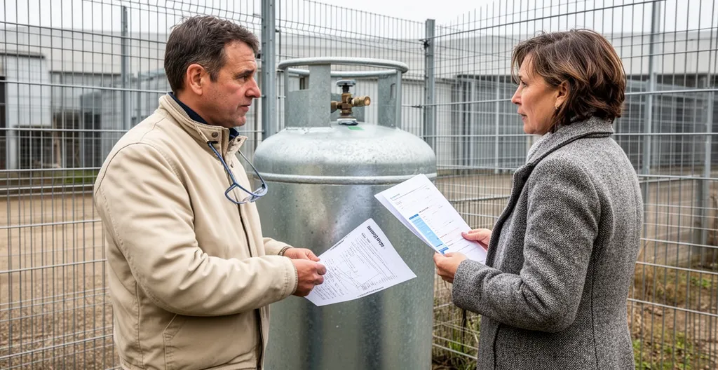 Deux professionnels évaluent une installation propane sur site industriel