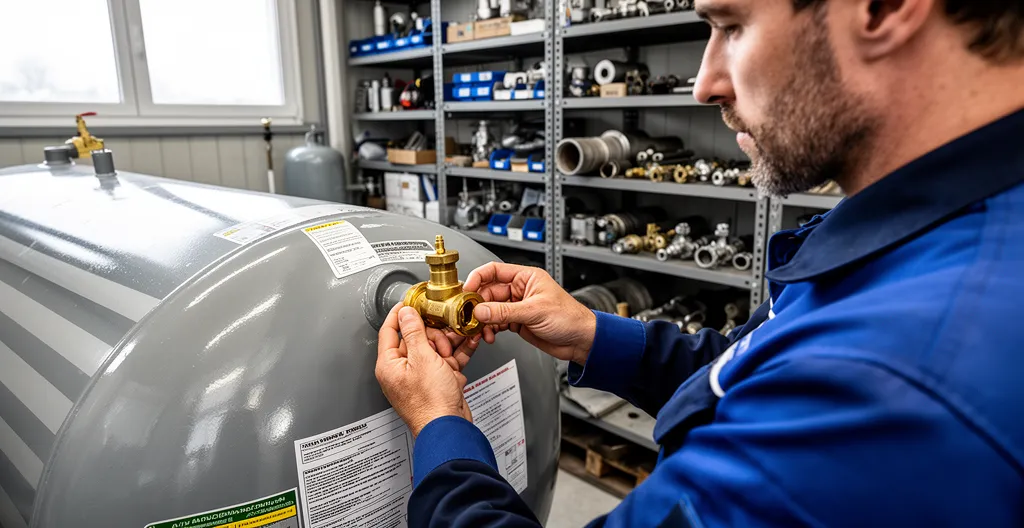 Responsable maintenance vérifie installation propane en citerne dans atelier