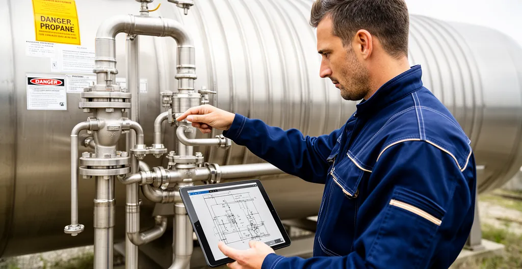 Technicien vérifie les vannes d'une citerne propane entreprise