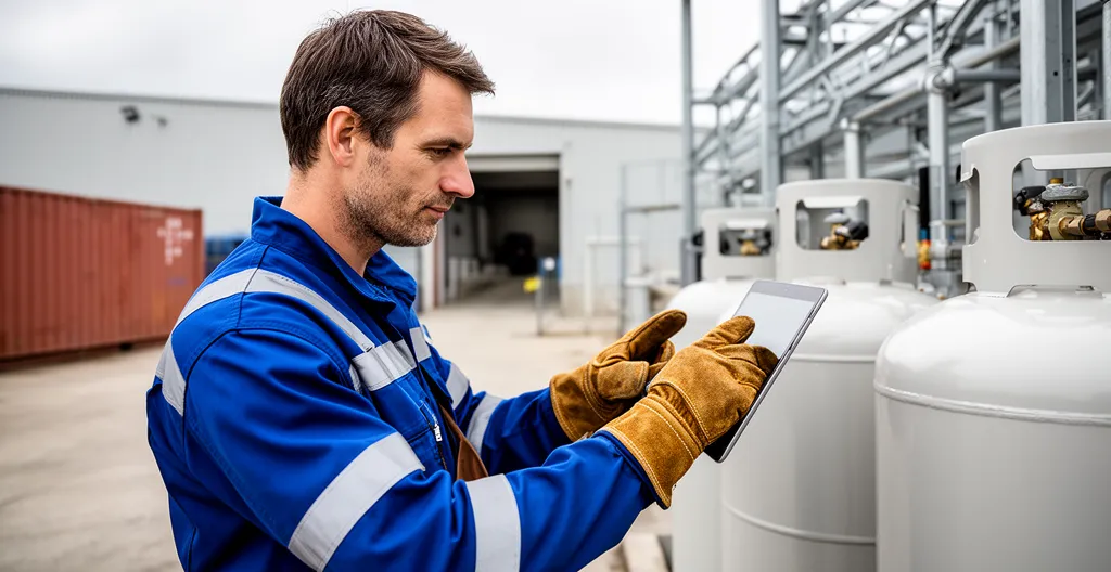 Technicien inspectant installation propane professionnelle sur site industriel