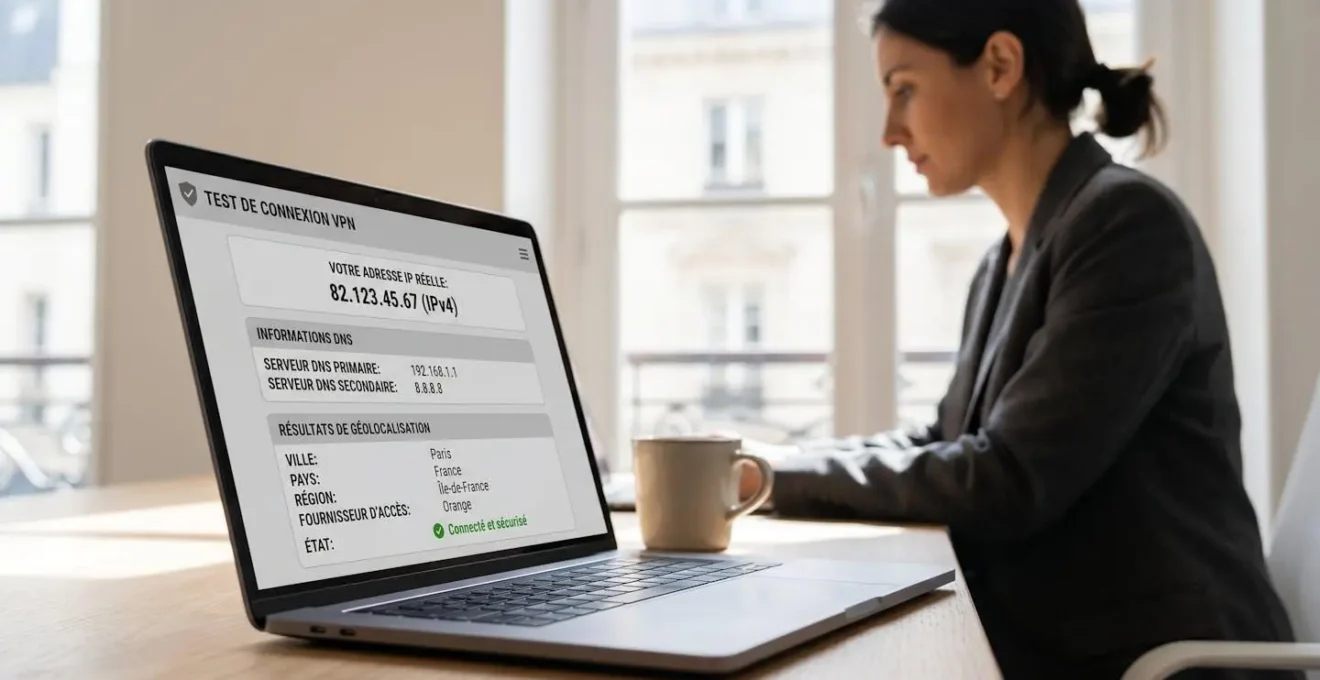 Écran d'ordinateur portable affichant les résultats d'un test de vérification VPN avec adresse IP, serveur DNS et géolocalisation, dans un espace de coworking moderne à Paris