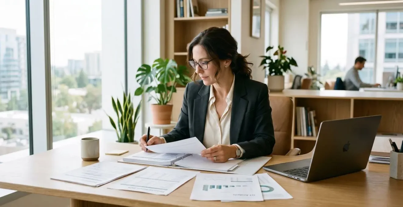 Femme d'affaires analysant des documents financiers liés à un investissement immobilier dans un espace de travail lumineux