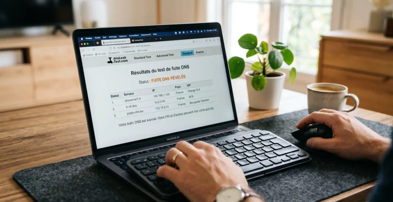 Navigateur web affichant l'outil de test DNSLeakTest avec résultats de détection de fuites DNS, mains d'utilisateur sur clavier