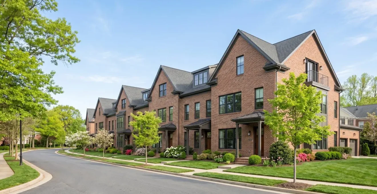 Rangée de townhomes modernes dans un quartier résidentiel de Virginie sous un ciel dégagé au printemps