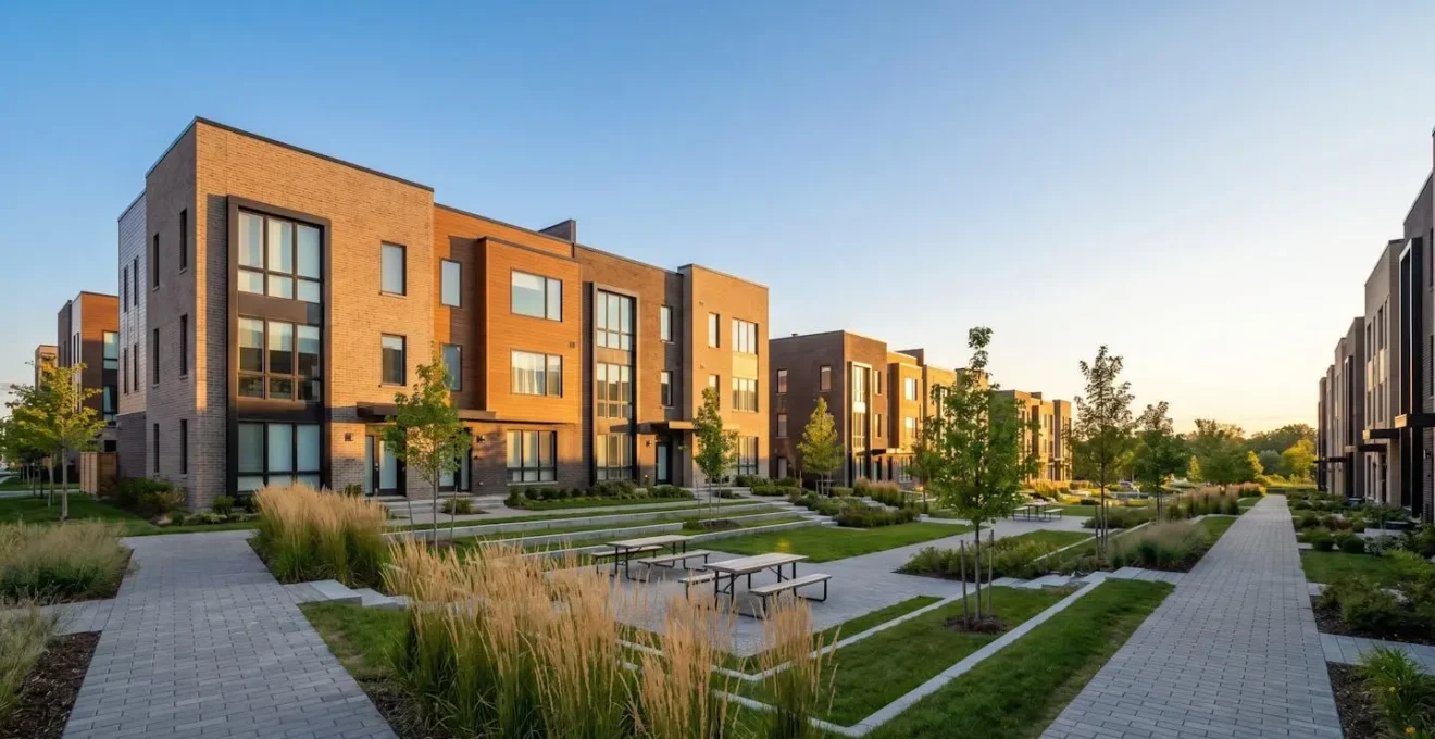 Rangée de townhouses américaines modernes dans un complexe résidentiel avec espaces verts communs