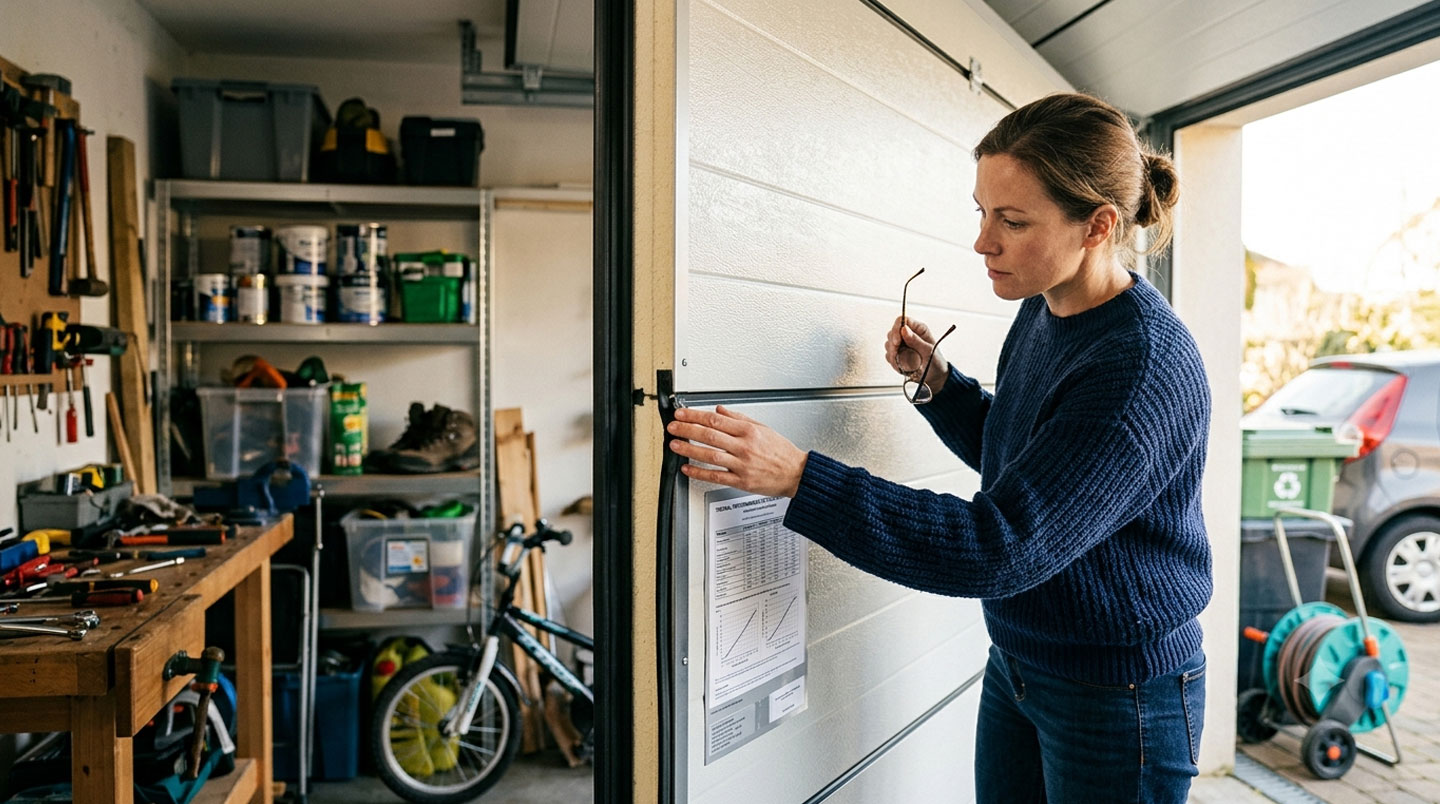 Échantillons de matériaux pour portes de garage (acier isolé, aluminium, composite) avec étiquettes techniques et instruments de mesure sur surface d'atelier professionnel