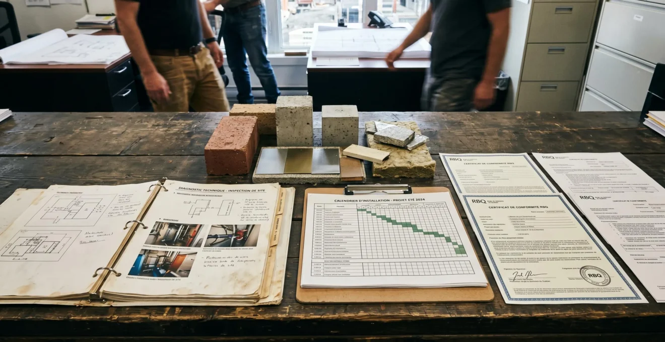 Documents et étapes d'un projet d'installation de porte de garage disposés chronologiquement : diagnostic, devis, planning, certificats de conformité RBQ
