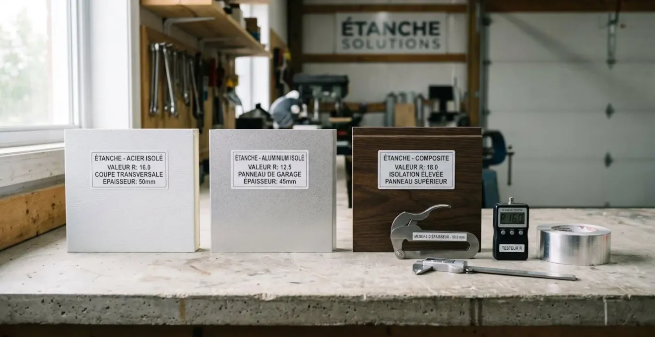 Échantillons de matériaux pour portes de garage (acier isolé, aluminium, composite) avec étiquettes techniques et instruments de mesure sur surface d'atelier professionnel