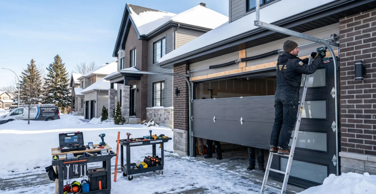 Technicien professionnel installant une porte de garage isolée sur une maison unifamiliale en hiver au Québec, avec outils spécialisés et matériaux haute performance visibles