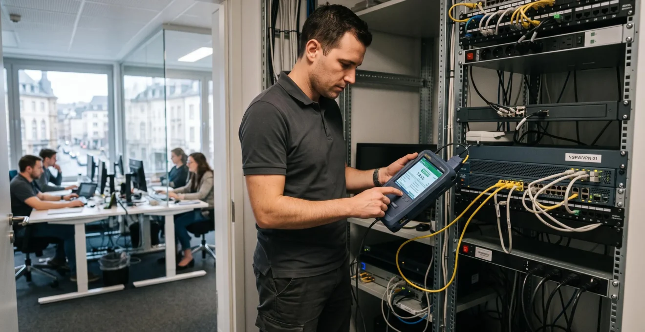 Technicien réseau debout inspectant les connexions Ethernet d'un panneau de brassage mural avec un testeur de câbles dans les bureaux d'une PME luxembourgeoise.