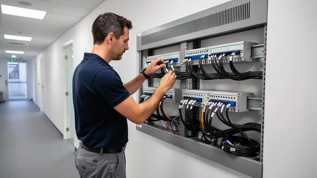 Consultant IT indépendant configurant des équipements réseau dans une salle technique d'entreprise