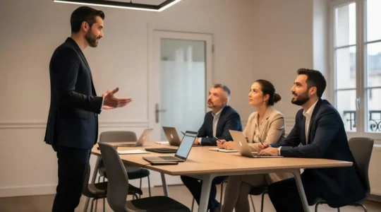Consultant indépendant animant une session de formation professionnelle avec un groupe de participants dans une salle de réunion contemporaine