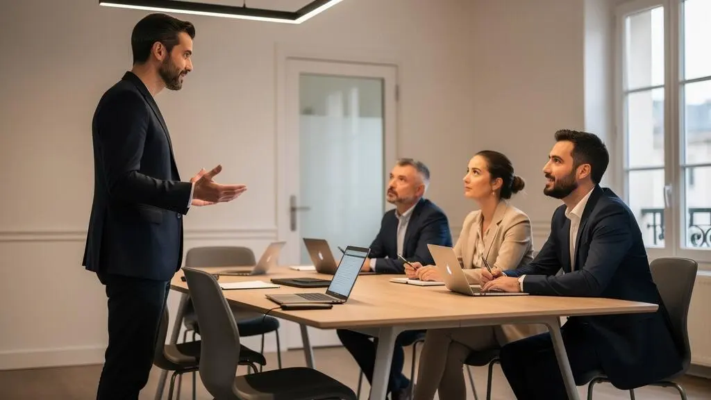 Consultant indépendant animant une session de formation professionnelle avec un groupe de participants dans une salle de réunion contemporaine