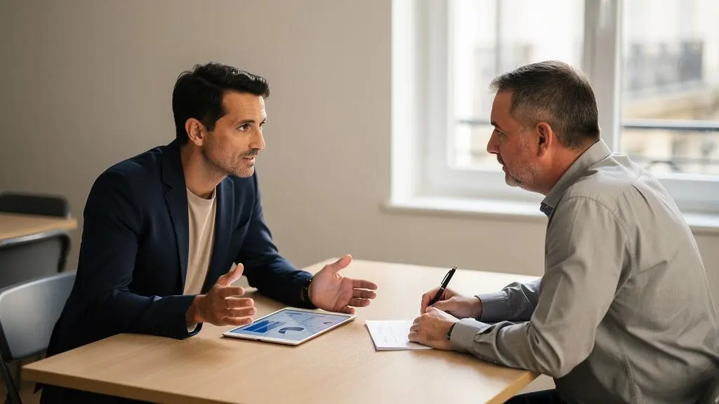 Deux professionnels en discussion autour d'une tablette et de notes lors d'un entretien professionnel dans un bureau contemporain