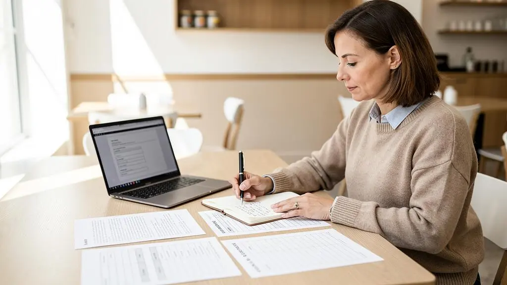 Professionnelle indépendante analysant et comparant des documents d'information sur différentes sociétés de portage dans un espace de coworking lumineux