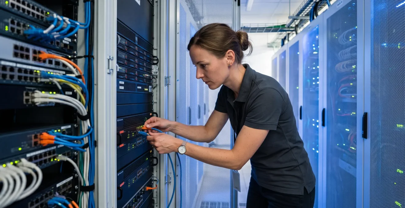 Technicien informatique configurant un firewall et des équipements réseau professionnels dans une baie de brassage d'une salle serveur d'entreprise au Luxembourg.