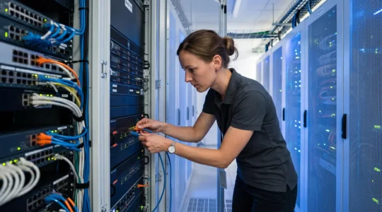 Technicien informatique configurant un firewall et des équipements réseau professionnels dans une baie de brassage d'une salle serveur d'entreprise au Luxembourg.
