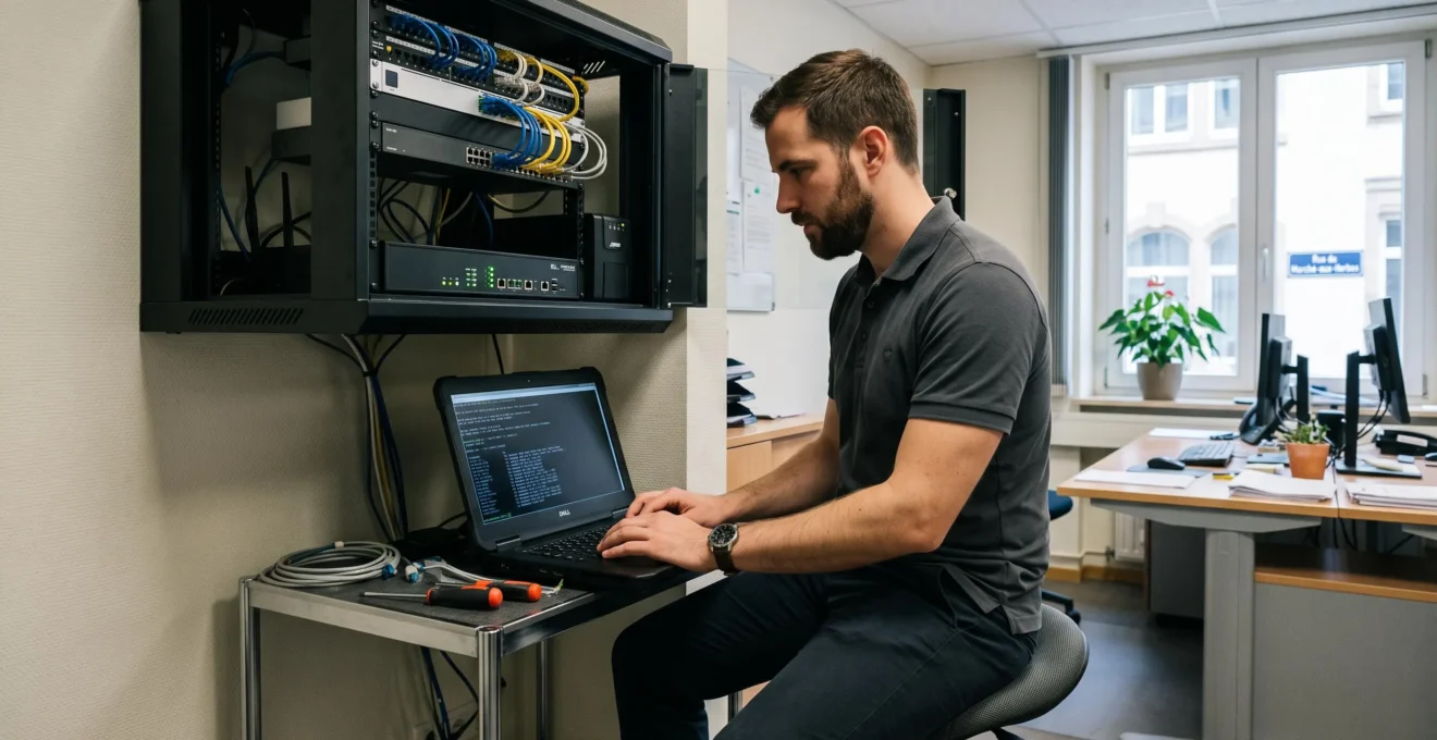 Technicien d'une société de services IT managés configurant des équipements de sécurité réseau chez un client professionnel luxembourgeois.