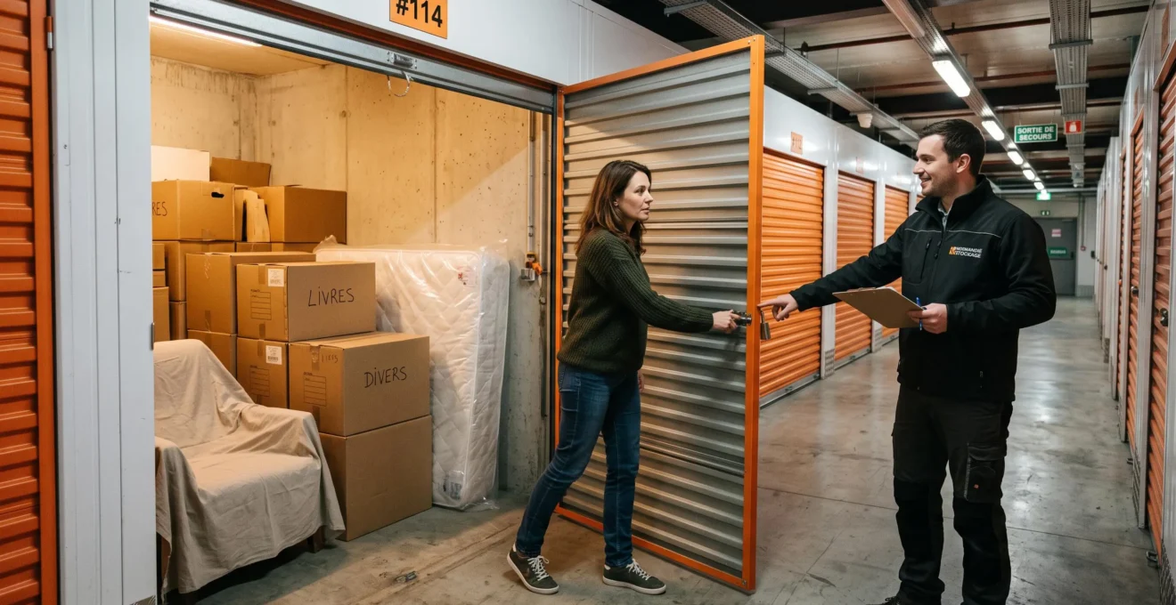 Une cliente ouvre la porte d'un box de stockage individuel contenant des cartons et un matelas, accompagnée d'un employé du garde-meuble.