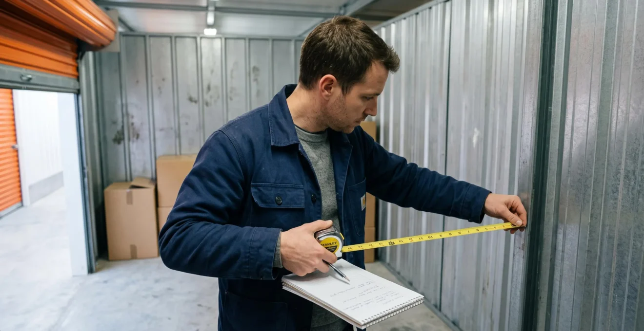Un homme mesure la largeur d'un box de stockage vide avec un mètre ruban avant de réserver.