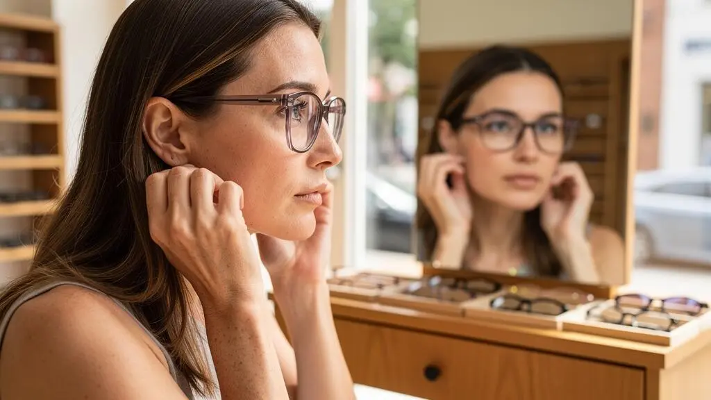 Une femme essaie une monture de lunettes translucide devant un miroir en boutique d'optique.