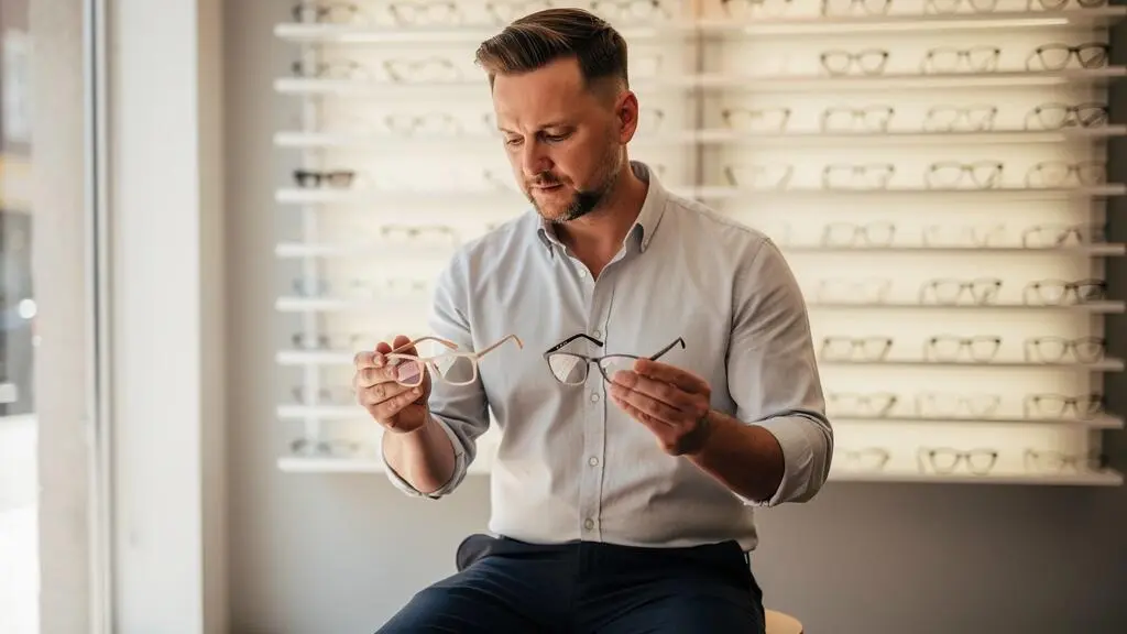 Un homme compare deux montures translucides devant un présentoir en boutique d'optique.