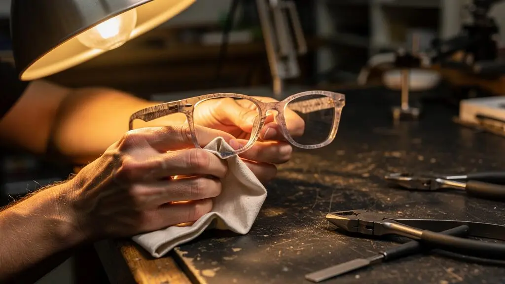 Un opticien examine et polit une monture translucide en acétate sur son établi.